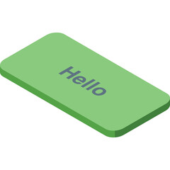Green Rectangular Object with Hello Text in Purple Against a Transparent Background
