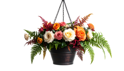 Hanging planter features roses, greenery, and fall hues against a black background