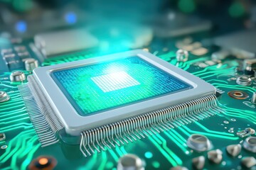 Advanced microprocessor technology showcased within a gleaming circuit board highlighting innovation in electronics and the future of computational advancements