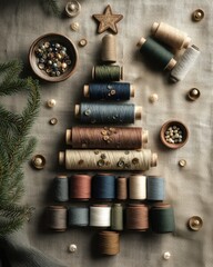 creative Christmas tree made of sewing thread spools, buttons, beads on linen fabric, rustic handmade festive decor. craft, artisan branding, holiday marketing, winter needlework, textile companies.