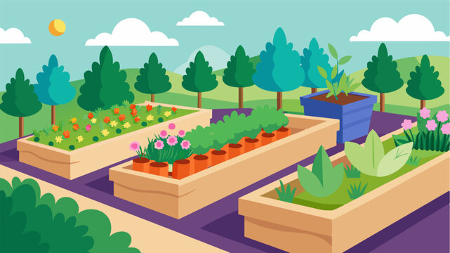 A section of the garden with raised beds of scented flowers and plants offering aromatherapy benefits for an elderly person to destress and unwind.. Vector illustration
