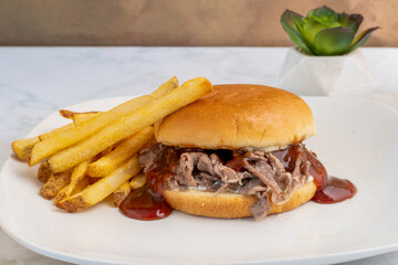 steak sandwich with a side of fries