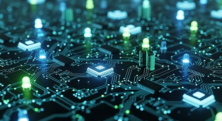 Obraz premium Illuminated circuit board with chips and glowing components close up