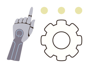 Futuristic robotic hand pointing upward near a gear and three dots, representing innovation and technological progress. Ideal for automation, AI, robotics, engineering, future tech, research, digital