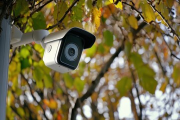Security camera mounted under colorful autumn leaves in a residential area during daylight