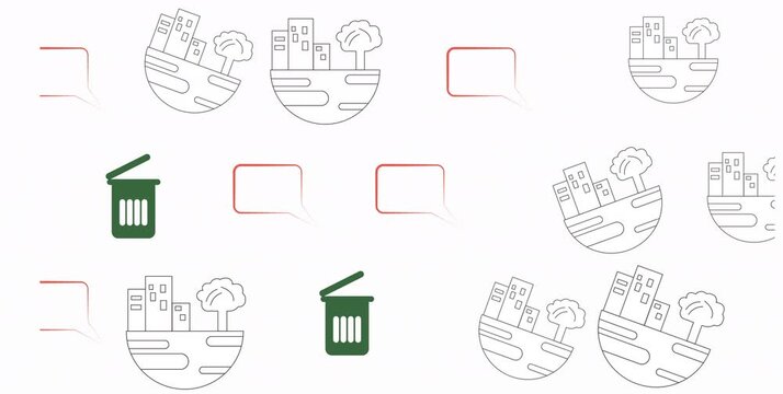 Minimalist urban communication animation with clean white background and green-red accents symbolizing modern eco city dialogue and sustainability.