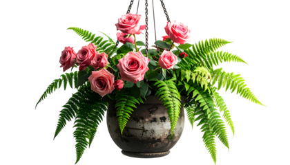 Hanging flower basket with pink roses, lush ferns, and a weathered pot, against a black backdrop