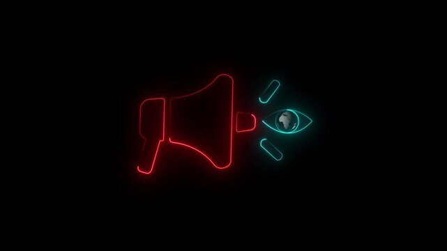 Brand visuality icon, Public Relations concept for construction, Investment, business development and Engineering.Glowing neon line of megaphone with eye icon on black background,with video animation.