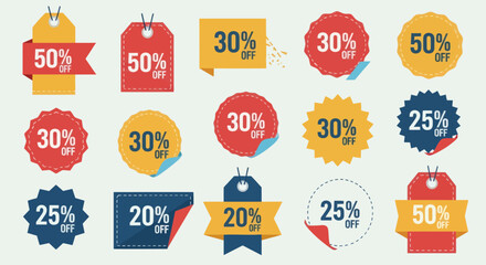 Collection of Colorful Discount and Sale Tags with Various Percentage Off Offers.