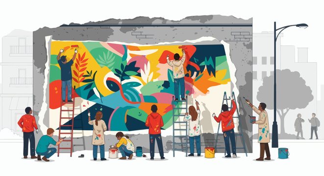 Community Art Project Diverse Group Collaborating on a Vibrant Outdoor Mural.