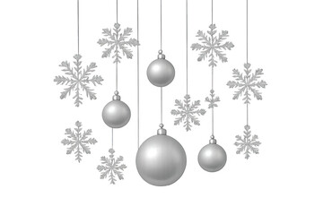 Silver christmas ornaments and snowflakes hanging, transparent background