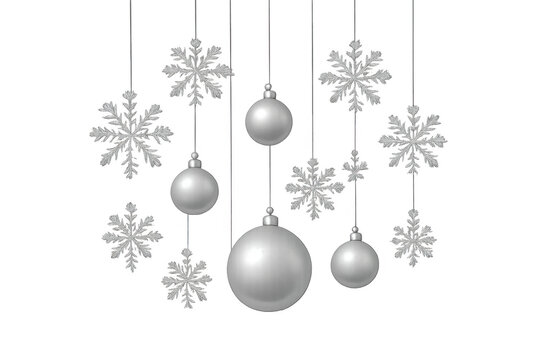 Silver christmas ornaments and snowflakes hanging, transparent background
