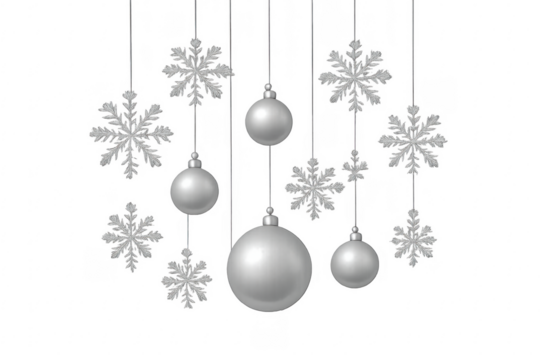 Silver christmas ornaments and snowflakes hanging, transparent background