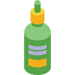 Green Dropper Bottle with Yellow Cap and Orange Label Containing Light Purple Stripes on White Background with Transparent Background.