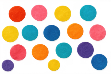 Assortment of vibrant felt circles in rainbow colors, generating a playful and creative background element. Element has transparent background