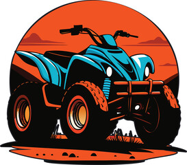 Teal and orange ATV quad bike at sunset &mdash; stylized off-road illustration with rugged tires, low-angle dynamic view and circular background