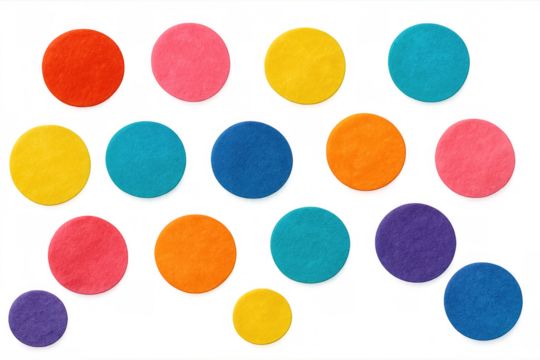 Assortment of vibrant felt circles in rainbow colors, generating a playful and creative background element. Element has transparent background