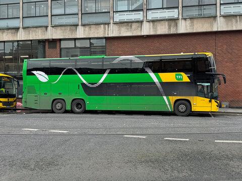 Dublin, Ireland - October 21, 2025: TFI (Transport for Ireland) double-decker bus parked by the roadside.
