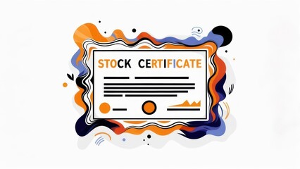 A vibrant, stylized stock certificate design with an orange and blue abstract border