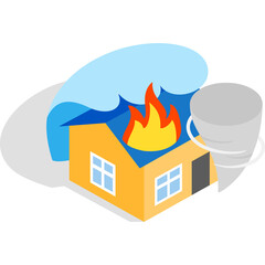 Orange Cartoon House Undergoing Natural Disasters Featuring Fire From Burning Roof And A Swirling Blue Water Wave And A Gray Tornado On A Transparent Background With A Black Shadow Below