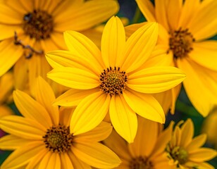 Close-up view of multiple vibrant yellow wildflowers, with intricate details