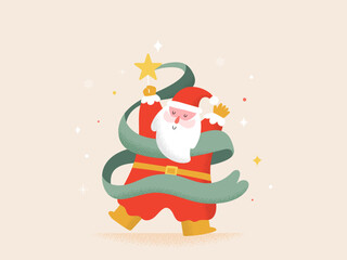 Happy Santa Claus with a ribbon rolled up into the shape of a Christmas tree