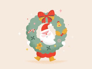 Dancing Santa Claus with a wreath