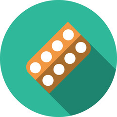 Orange medication blister pack with white pills on teal background with long shadow effect representing healthcare and pharmaceuticals