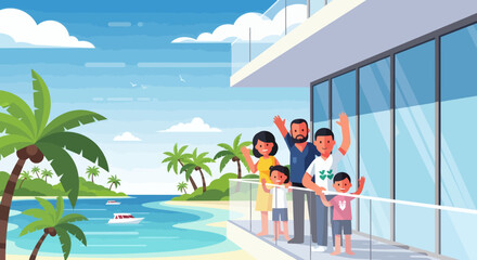 Family Vacation at Tropical Beach Resort Illustration.
