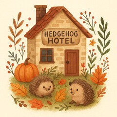 Adorable watercolor-style illustration of a cozy brick house labeled "Hedgehog Hotel," surrounded by fall leaves, a pumpkin, and two smiling hedgehogs. The warm color palette and charming woodland