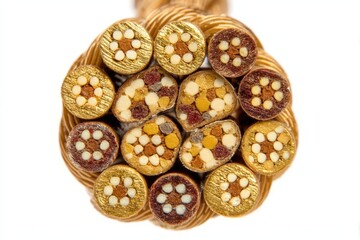 Intricate close-up of beautiful handmade glass cane pieces meticulously arranged showcasing an array of vibrant colors and patterns creating a stunning visual composition emphasizing artistry