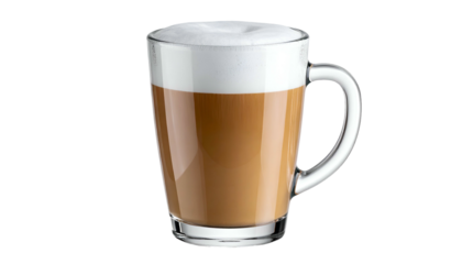 A tall clear glass mug filled with layers of coffee and topped with foamy white milk