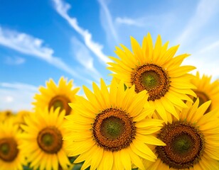 Fototapeta premium Close-up view of vibrant yellow sunflowers against a bright blue sky with wispy clouds