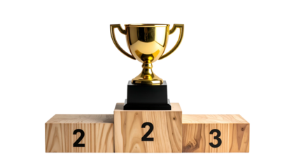 Golden trophy on a wooden podium, featuring numbers 1, 2, and 3, set against a black backdrop