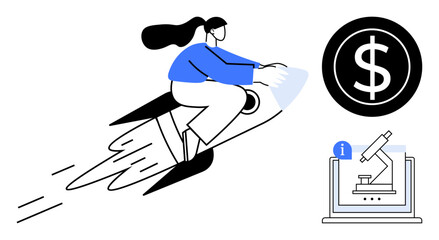 Woman on rocket symbolizes progress and ambition, microscope implies scientific discovery, and dollar coin suggests financial success. Ideal for entrepreneurship, research, startups, investment