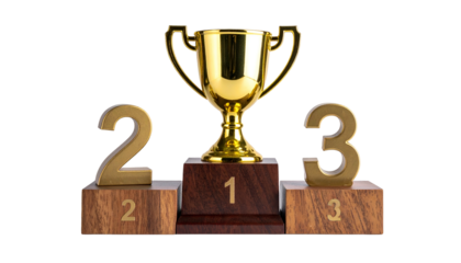 A golden trophy on a podium, flanked by numbers 2 and 3. A visual representation of winning