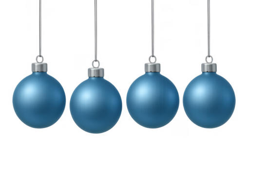 Blue christmas ornaments hanging on transparent background