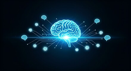Collective intelligence concept. Multiple brain icons are connected to a central holographic brain, which becomes brighter as it receives more input.