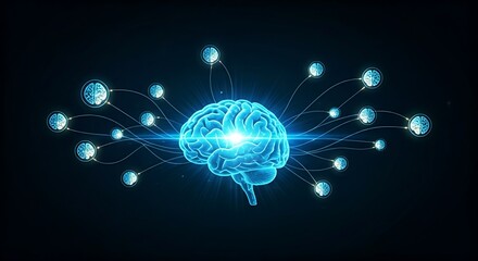 Collective intelligence concept. Multiple brain icons are connected to a central holographic brain, which becomes brighter as it receives more input.