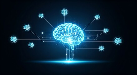 Collective intelligence concept. Multiple brain icons are connected to a central holographic brain, which becomes brighter as it receives more input.