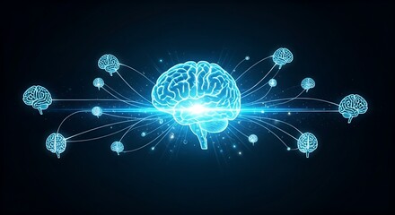 Collective intelligence concept. Multiple brain icons are connected to a central holographic brain, which becomes brighter as it receives more input.