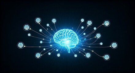 Collective intelligence concept. Multiple brain icons are connected to a central holographic brain, which becomes brighter as it receives more input.