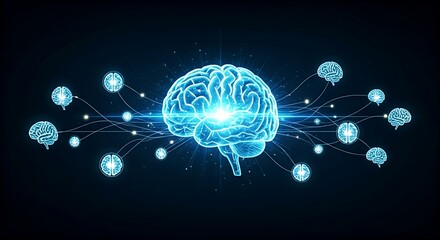 Collective intelligence concept. Multiple brain icons are connected to a central holographic brain, which becomes brighter as it receives more input.
