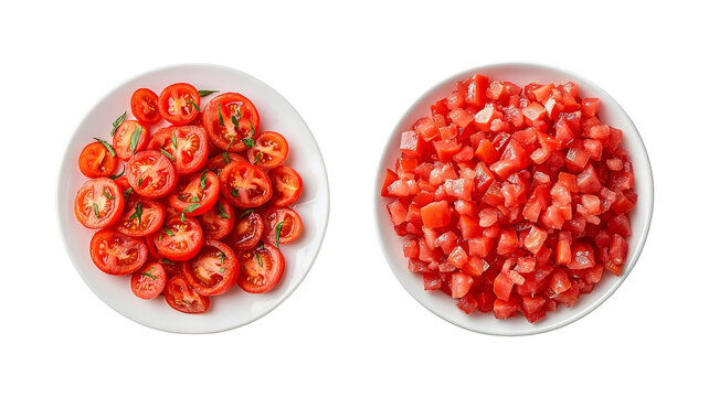 Chopped Tomato Cubes in White Plate on Transparent Background