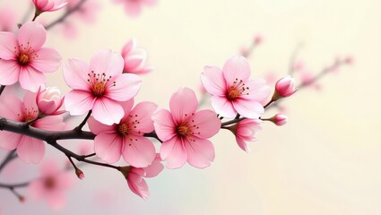 Obraz premium Close-up of delicate pink cherry blossoms in full bloom, soft light, showcasing intricate details 