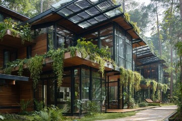 Futuristic eco home with solar panels, green roofs, large glass walls, and natural wood finishes