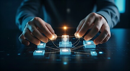 Microservices architecture concept. A hand assembles a complex application using small, independent service blocks that connect via APIs.