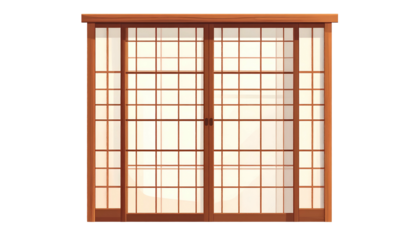 Two-panel sliding door with wooden frame and paper-like grid design