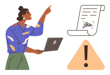 Woman holding laptop pointing at a signed document alongside a warning sign. Ideal for legal review, contract signing, caution alerts, compliance, workplace tasks, digital workflow, simple flat