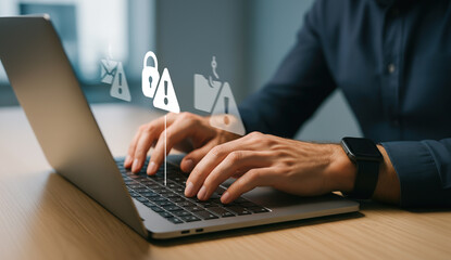 Person typing on laptop with digital security warning icons, illustrating cyber threat, scammer, and data protection concept.